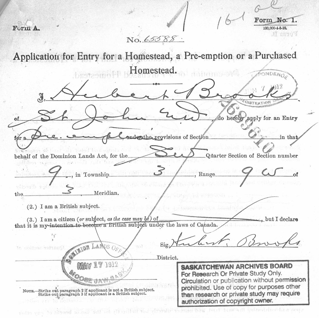 Form A Application for Pre-Emption property in Lafleche Saskatchewan - Hubert Brooks